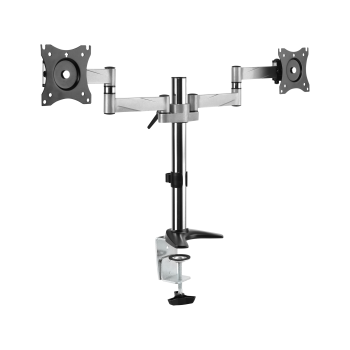 Stolní držák Cabletech pro dva monitory 13–27", dvojité rameno na stojanu se svorkou